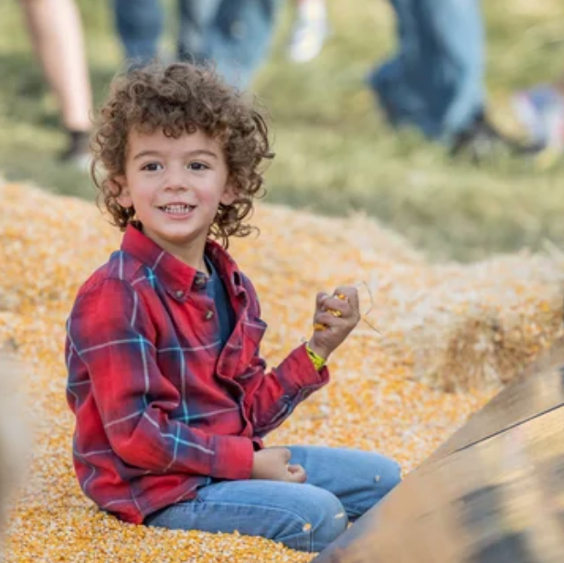 A young boy with curly brown hair sits smiling in a pile of yellow corn kernels outdoors. He is wearing a red and blue plaid flannel shirt and blue jeans.